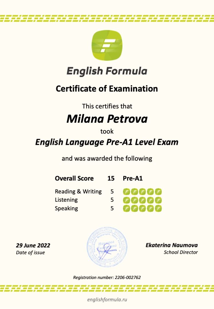 Сертификат Pre-A1 — Милана Петрова