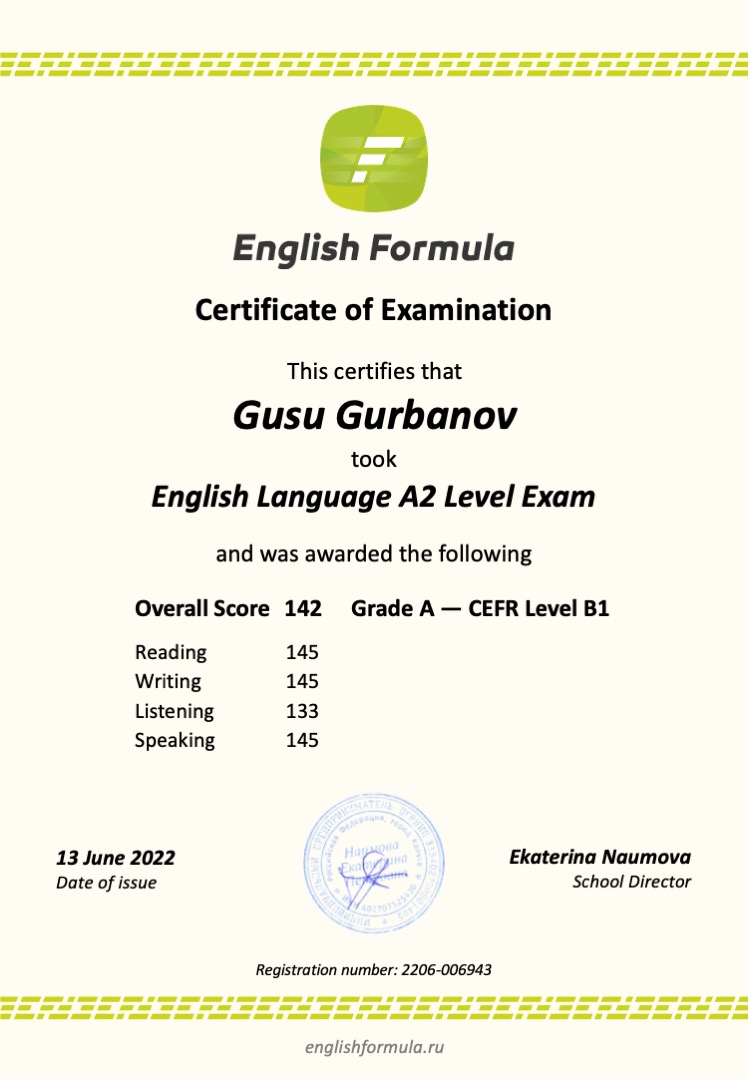 Сертификат A2 — Гусу Гурбанов